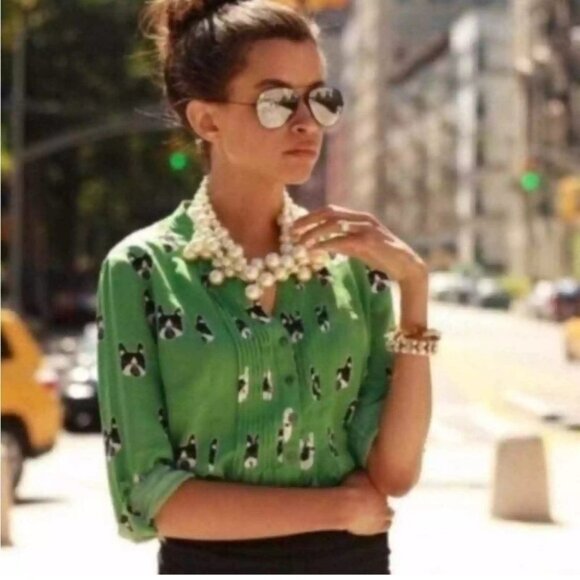 *SOLD* ANTHRO | Maeve French bulldog blouse green sz 8 - Picture 2 of 6